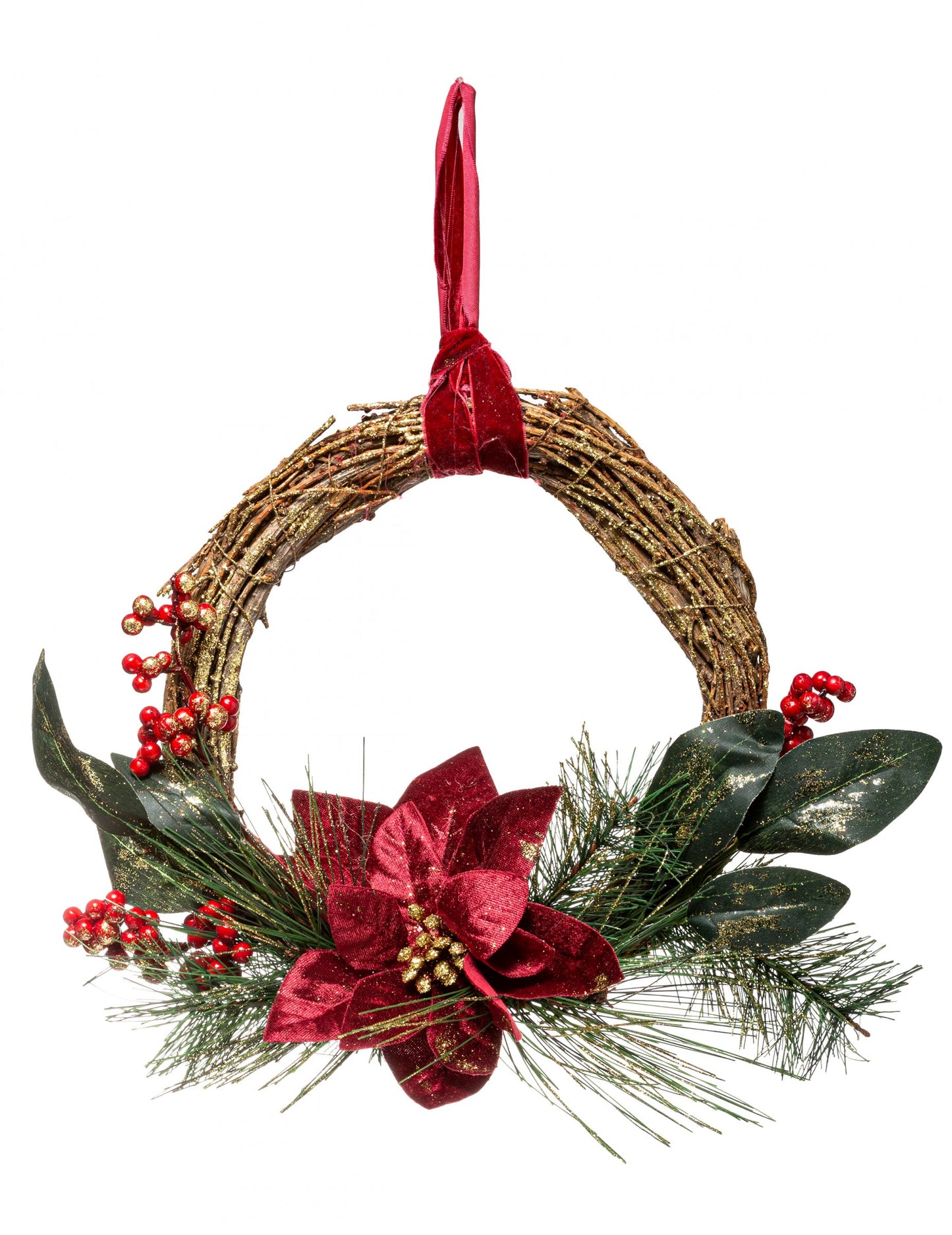 Függesztett mikulásvirág koszorú 38 cm karácsonyi