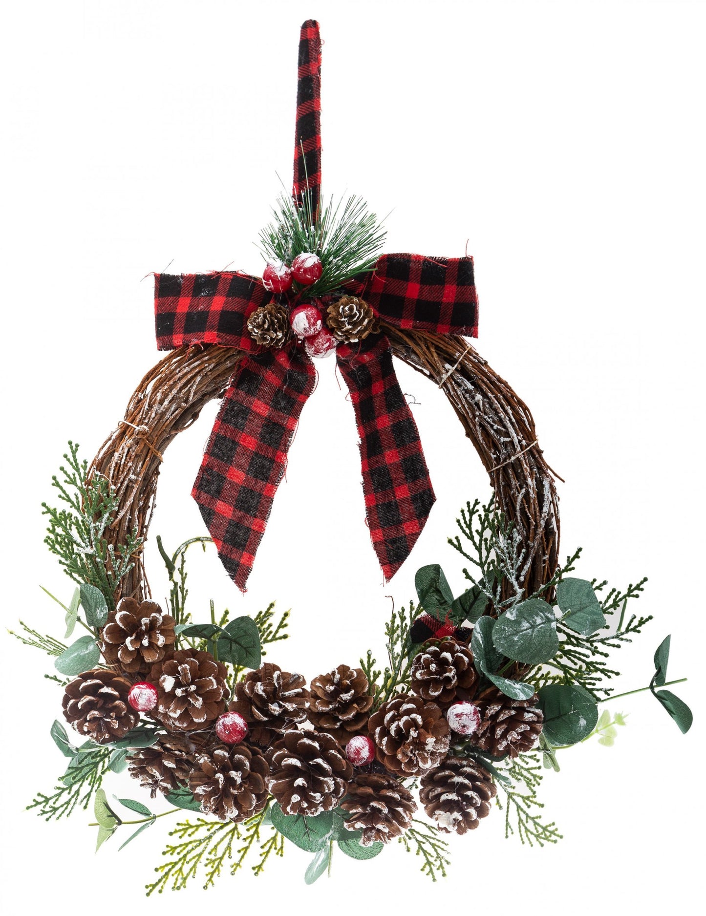 Függeszthető koszorú skót kockás masnival és tobozokkal 40 cm 