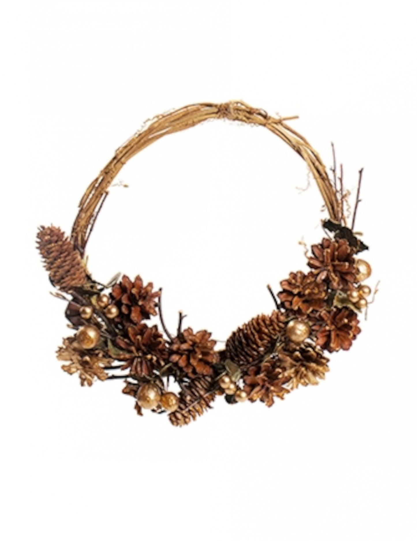 Függő koszorú csillogó fenyőtobozokkal 30 cm fonott