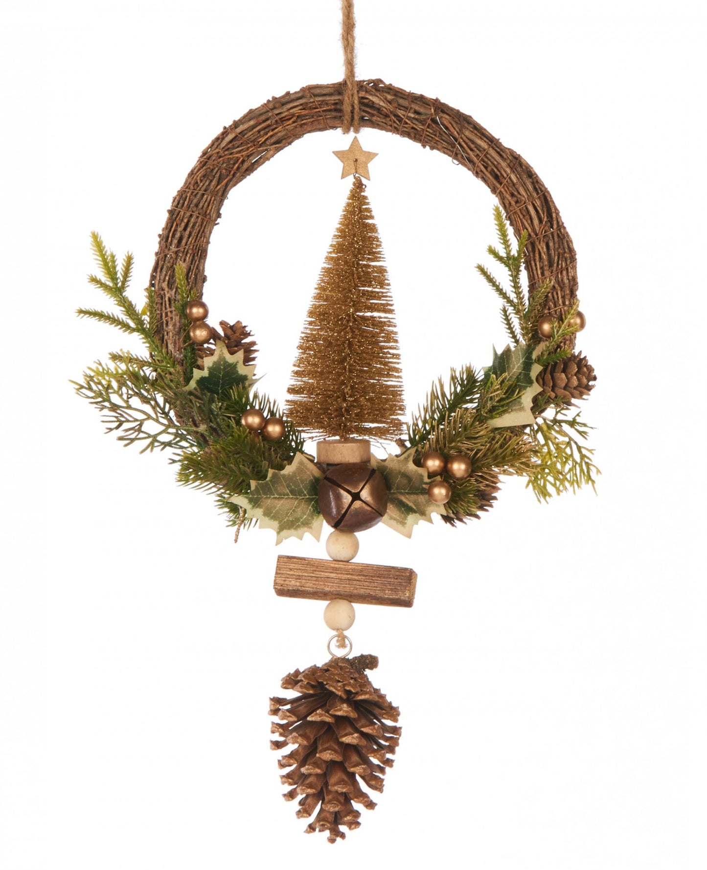 Függő koszorú, aranyfenyő, 39 cm és fenyőtobozok