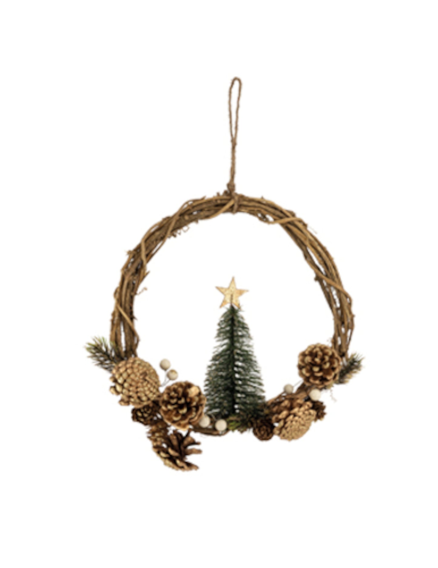 Függő koszorú fenyőfával és arany fenyőtobozokkal 28 cm karácsonyi