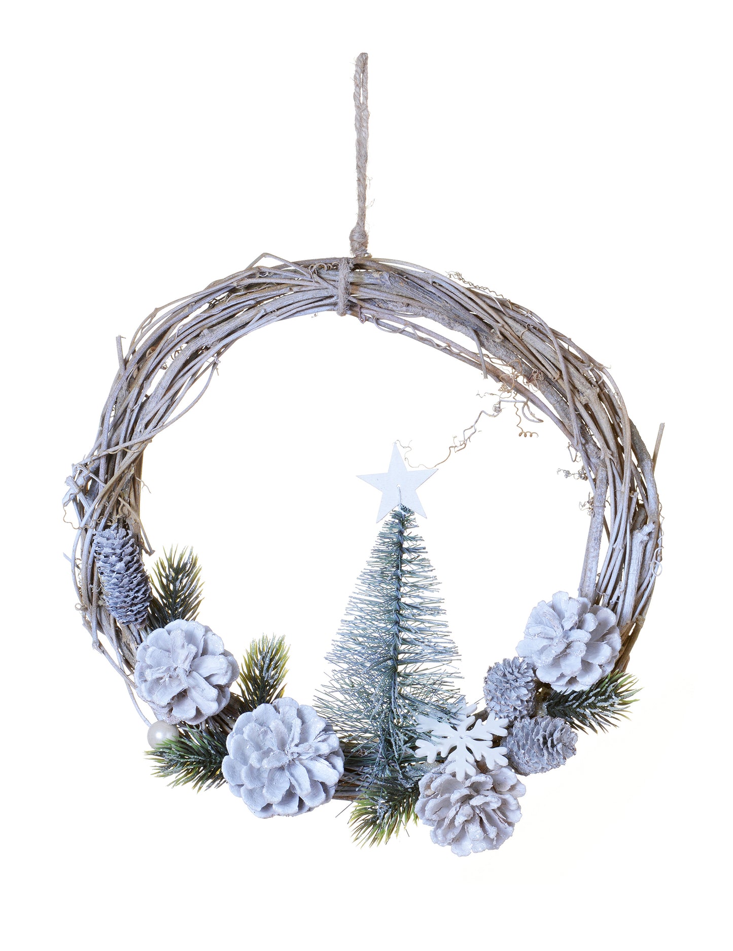 Függeszthető koszorú fagyos fenyőággal és tobozokkal 28 cm 