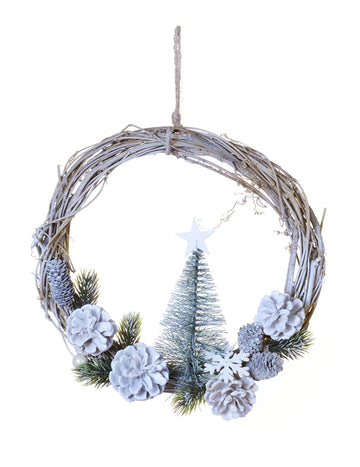 Függeszthető koszorú fagyos fenyőággal és tobozokkal 28 cm 