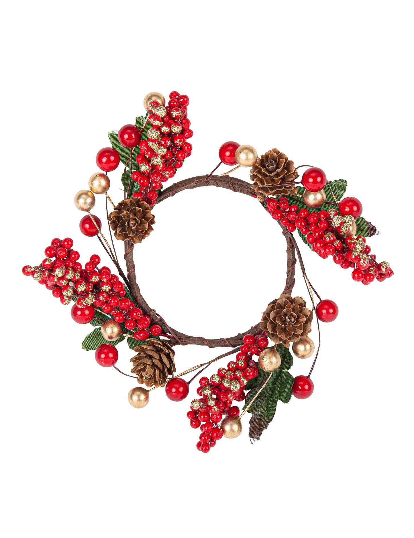 Piros és arany bogyós koszorú 15 cm fenyőtobozokkal