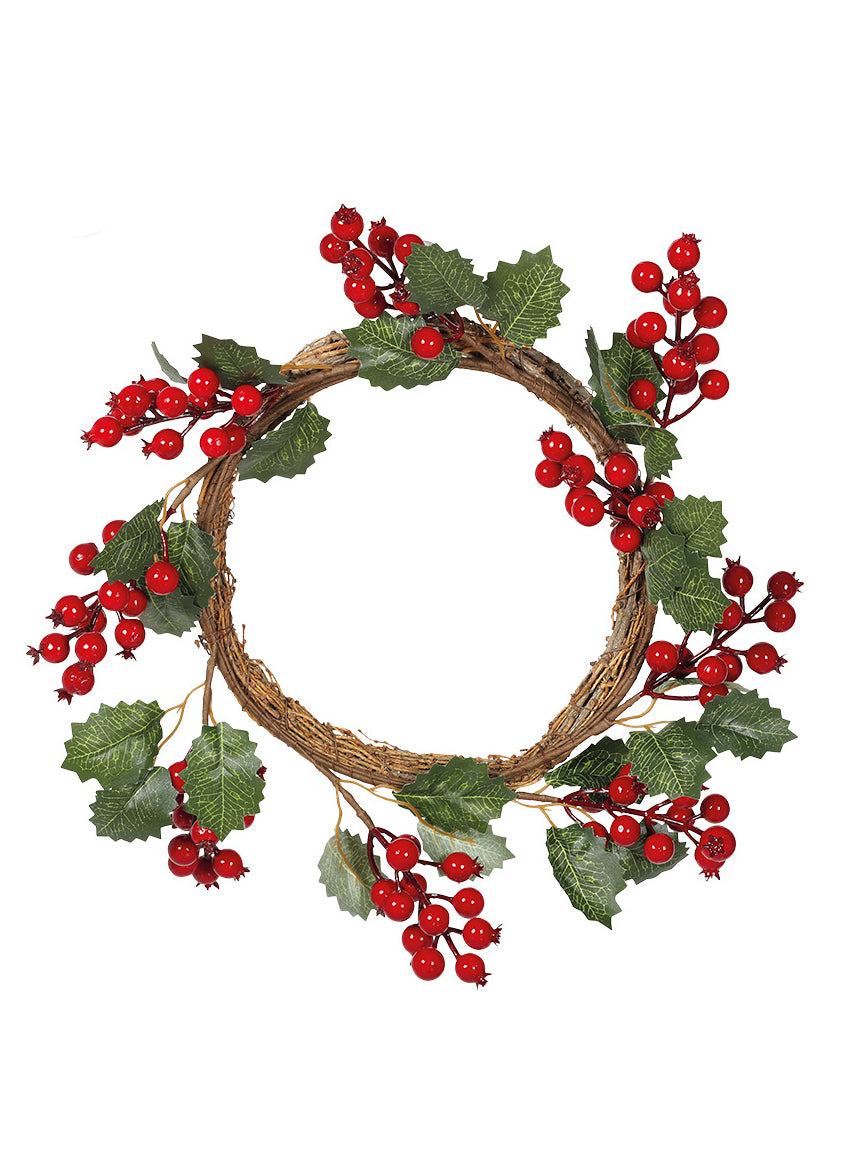 Magyalkoszorú és piros bogyós gyümölcsök 32 cm, karácsonyi dekoráció