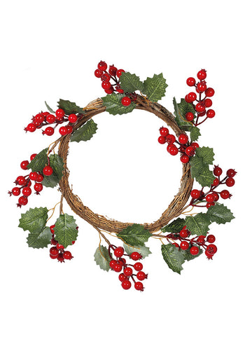 Magyalkoszorú és piros bogyós gyümölcsök 32 cm, karácsonyi dekoráció