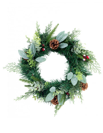 Karácsonyi koszorú fenyővel és eukaliptusszal 40 cm piros bogyós gyümölcsökkel