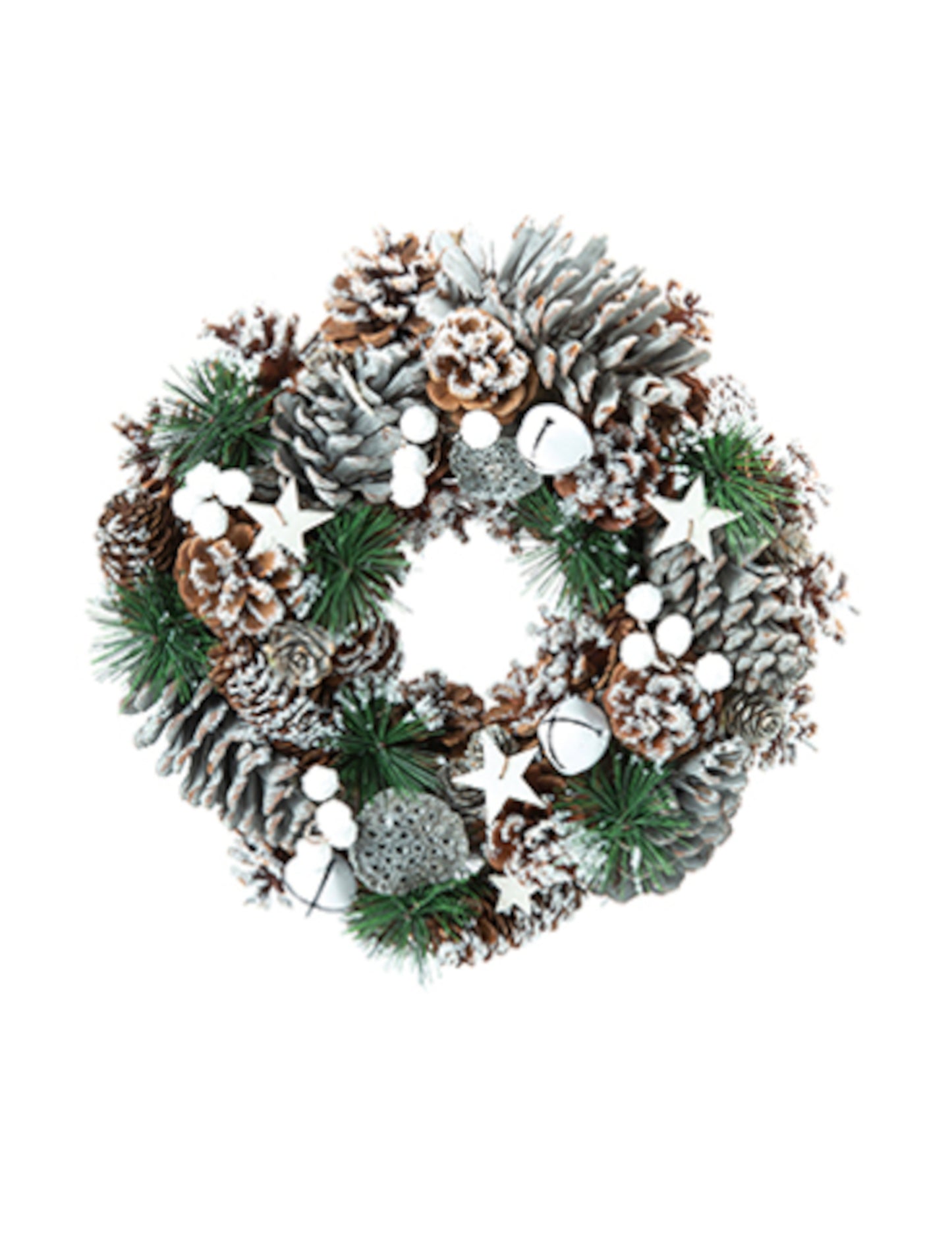 Couronne de Noël naturelle pommes de pin enneigées blanc et vert avec étoiles et grelots