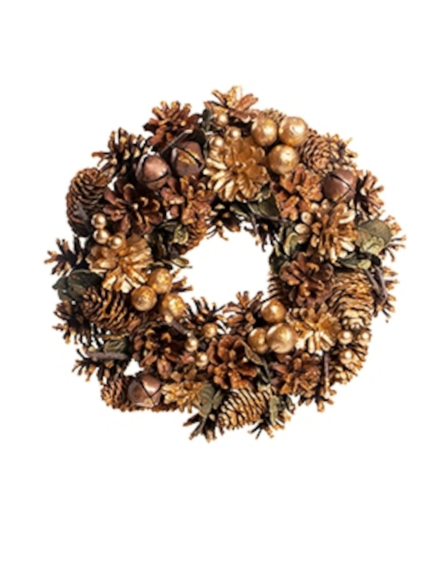 Karácsonyi koszorú csillogó fenyőtobozokkal 30 cm és harangok