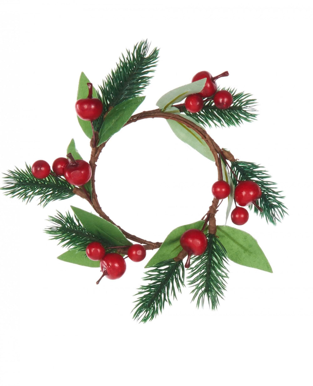 Karácsonyi koszorú fenyővel és piros bogyókkal zöld és piros asztaldíszhez
