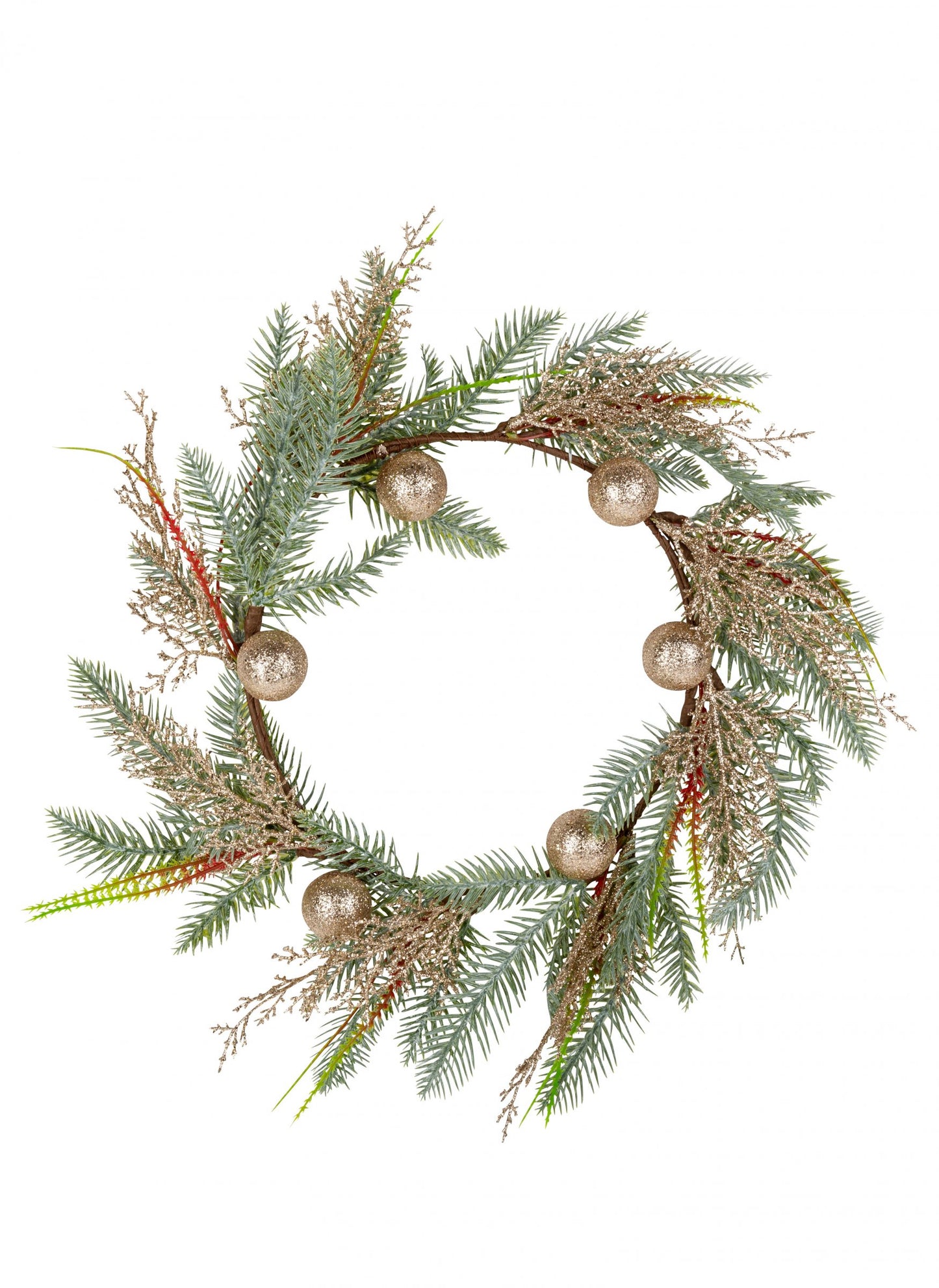 Karácsonyfa koszorú pezsgőszínű csillámos gömbdíszekkel 45 cm ajtóhoz