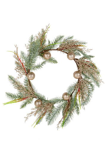 Karácsonyfa koszorú pezsgőszínű csillámos gömbdíszekkel 45 cm ajtóhoz