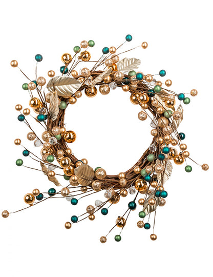 Dekoratív koszorú ágakkal és csillogó golyókkal 40 cm aranysárga