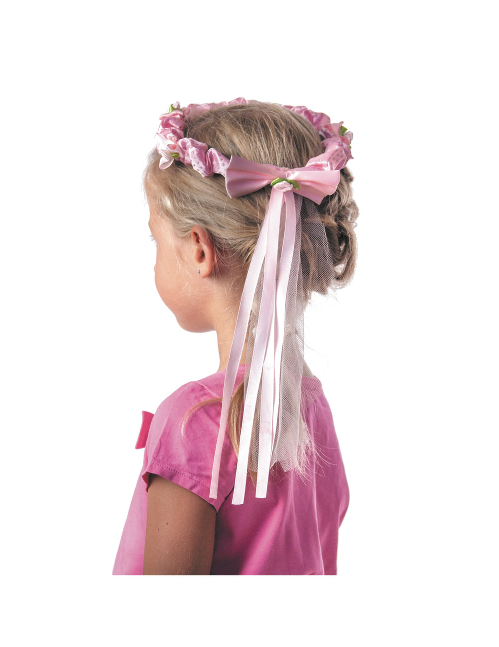 Vue de dos de la couronne de fleurs roses pour fille