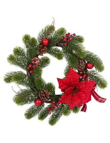 Hagyományos fenyő- és mikulásvirág koszorú 40 cm karácsonyi dekoráció