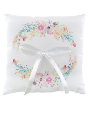 Coussin d'alliances mariage fleuri pour mariage blanc avec ruban satin