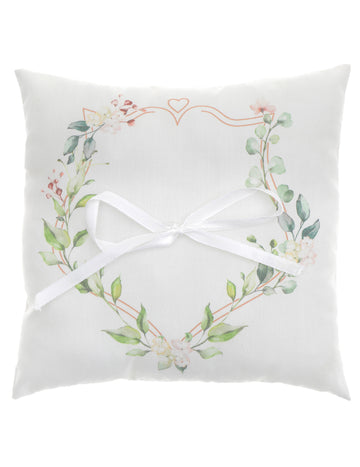Coussin d'alliances porte bague motif végétal pour mariage blanc avec ruban blanc