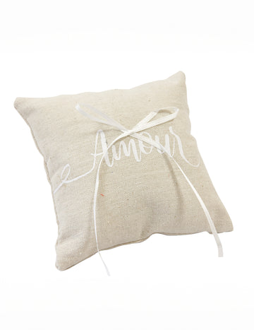 Coussin pour alliances amour en lin naturel avec ruban blanc