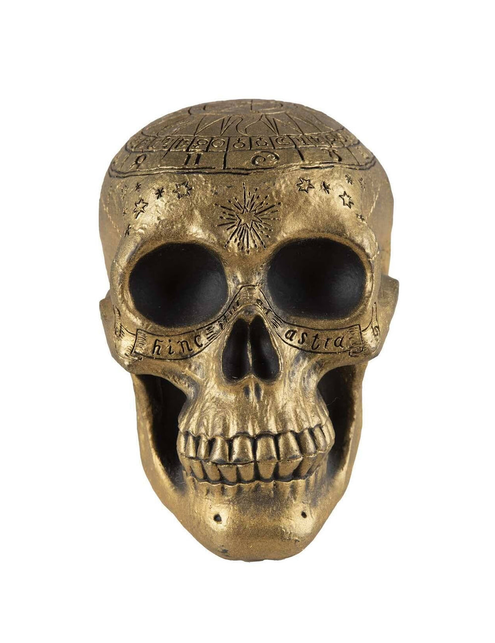 Vue de face du crâne de squelette avec pentagramme doré