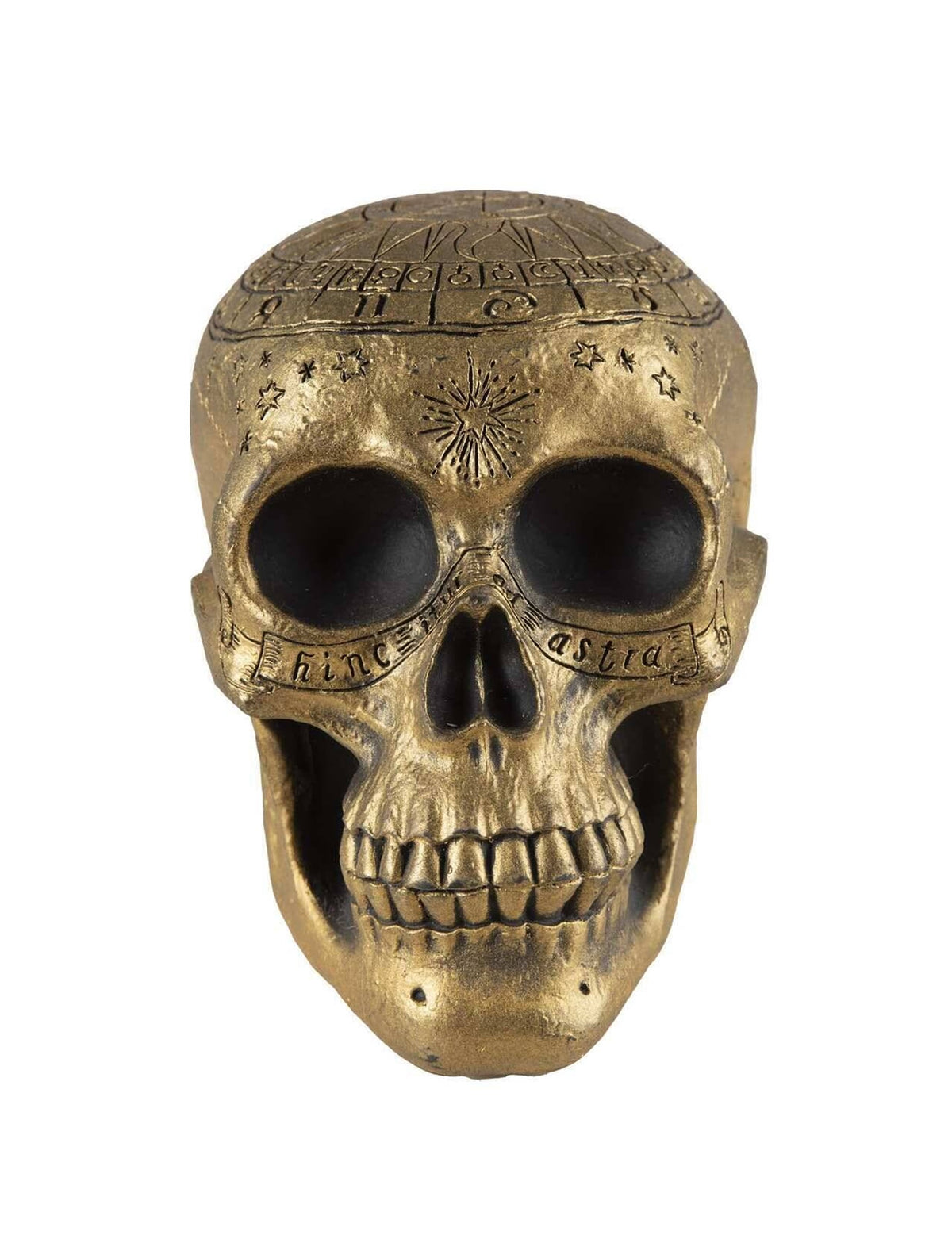 Vue de face du crâne de squelette avec pentagramme doré