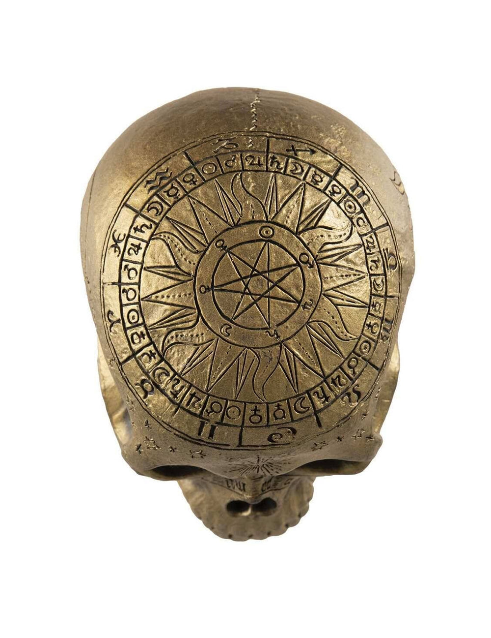 Vue de dessus du crâne de squelette avec pentagramme doré