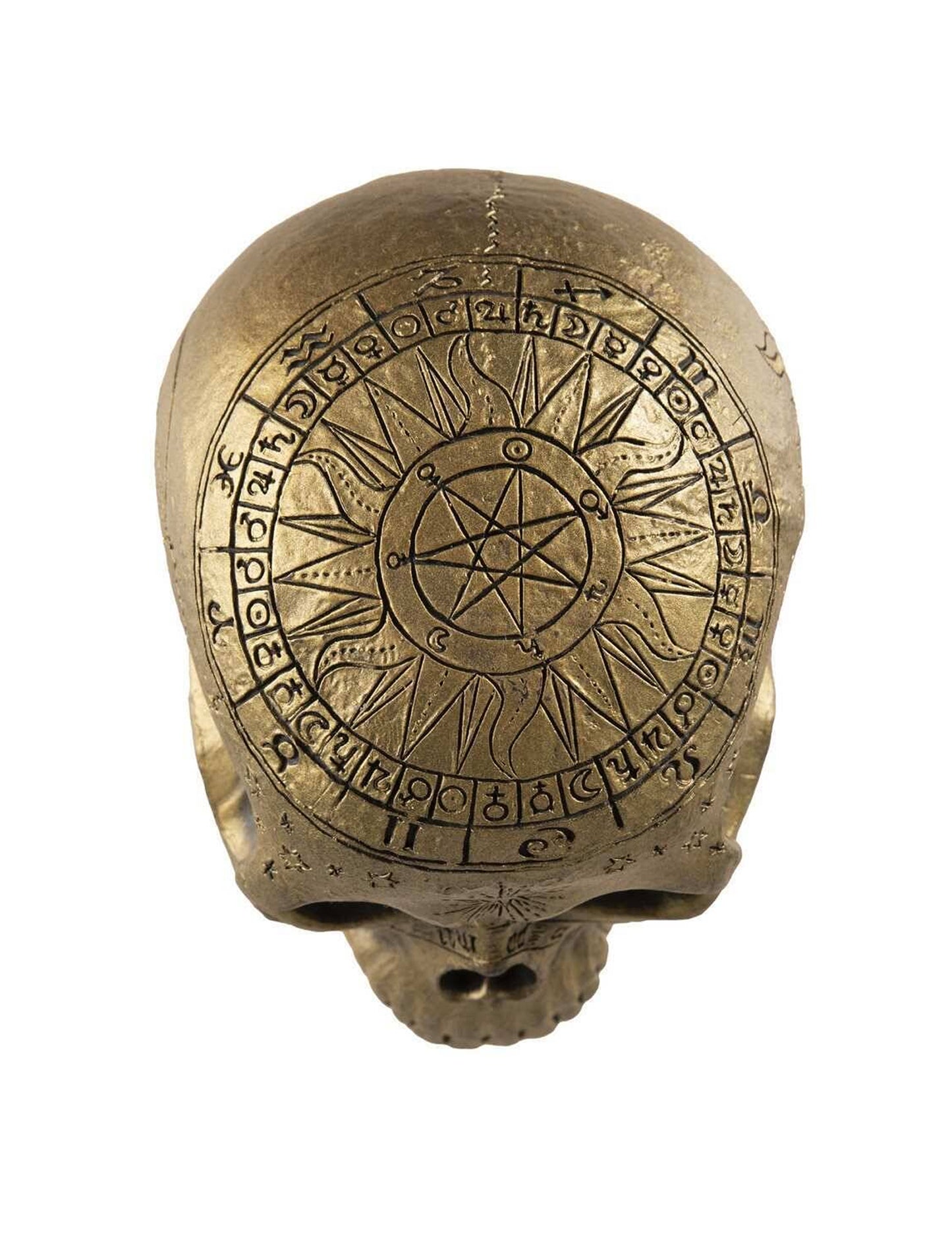 Vue de dessus du crâne de squelette avec pentagramme doré