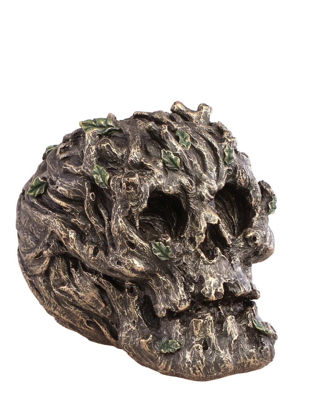 Crâne forêt pour décoration en résine marron aspect bois et feuilles vertes
