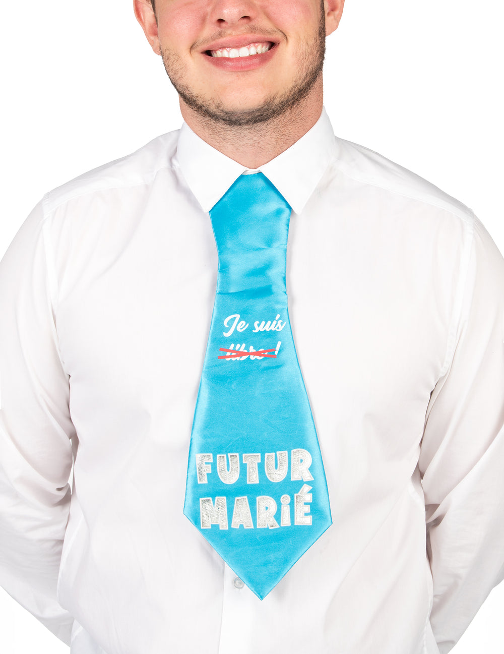 Gros plan sur l'inscription de la cravate humoristique d'enterrement de vie de garçon
