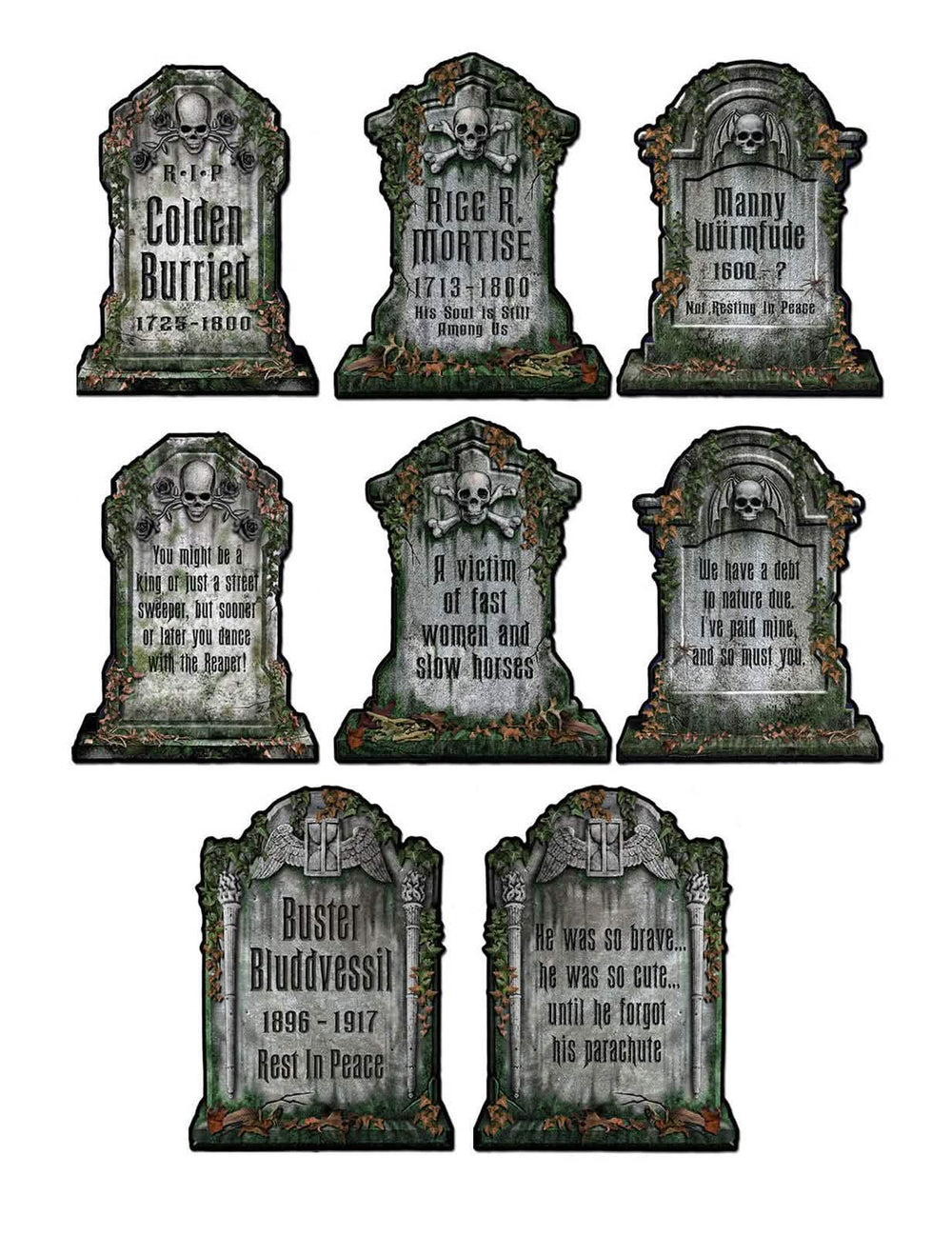 Karton sírkő dekorációk halloweenra, szürke, koponyákkal és mohával