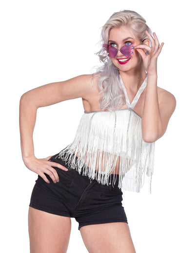 Crop-top festival à franges blanc femme