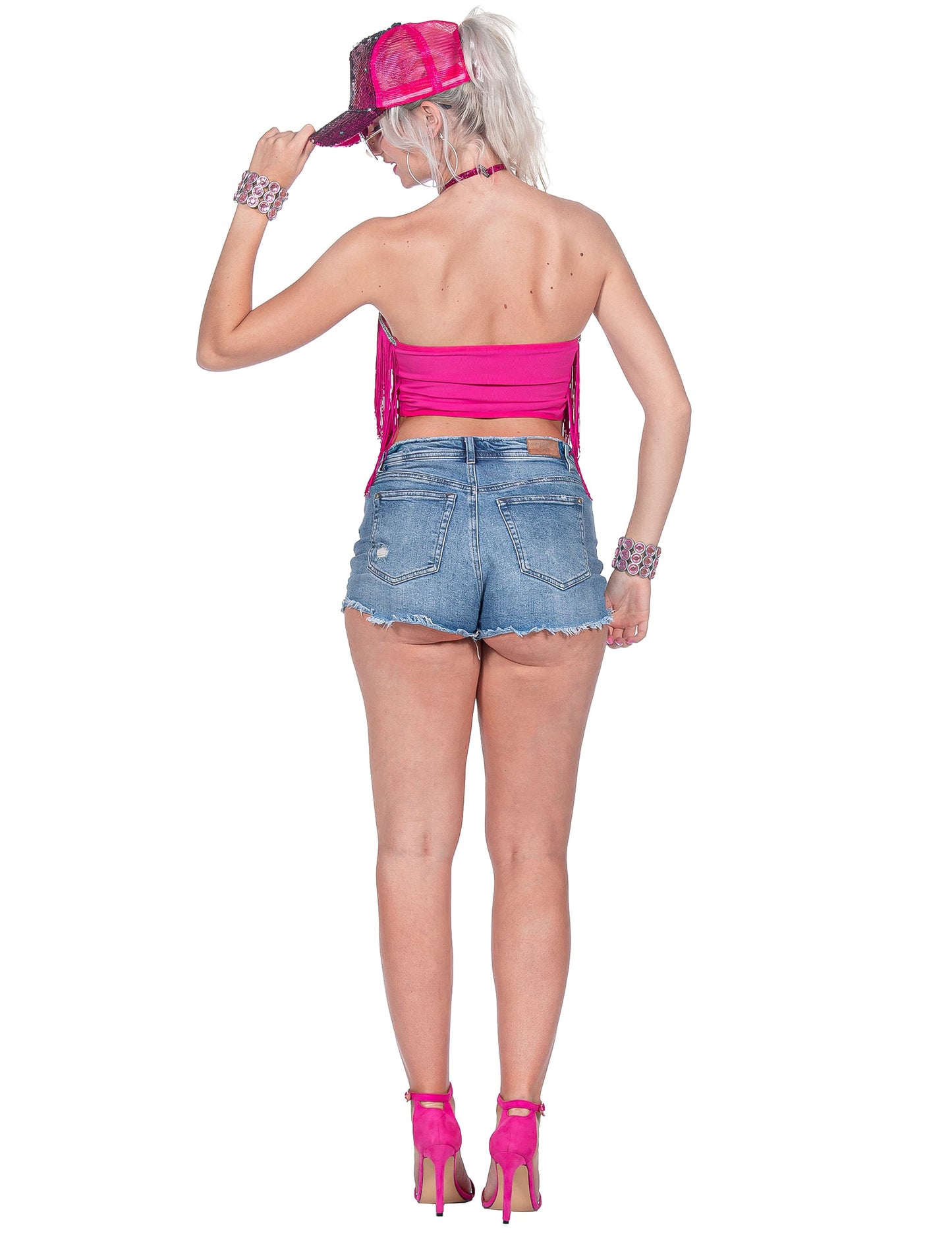 Rózsaszín rojtos crop top fesztiválra női