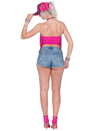 Rózsaszín rojtos crop top fesztiválra női
