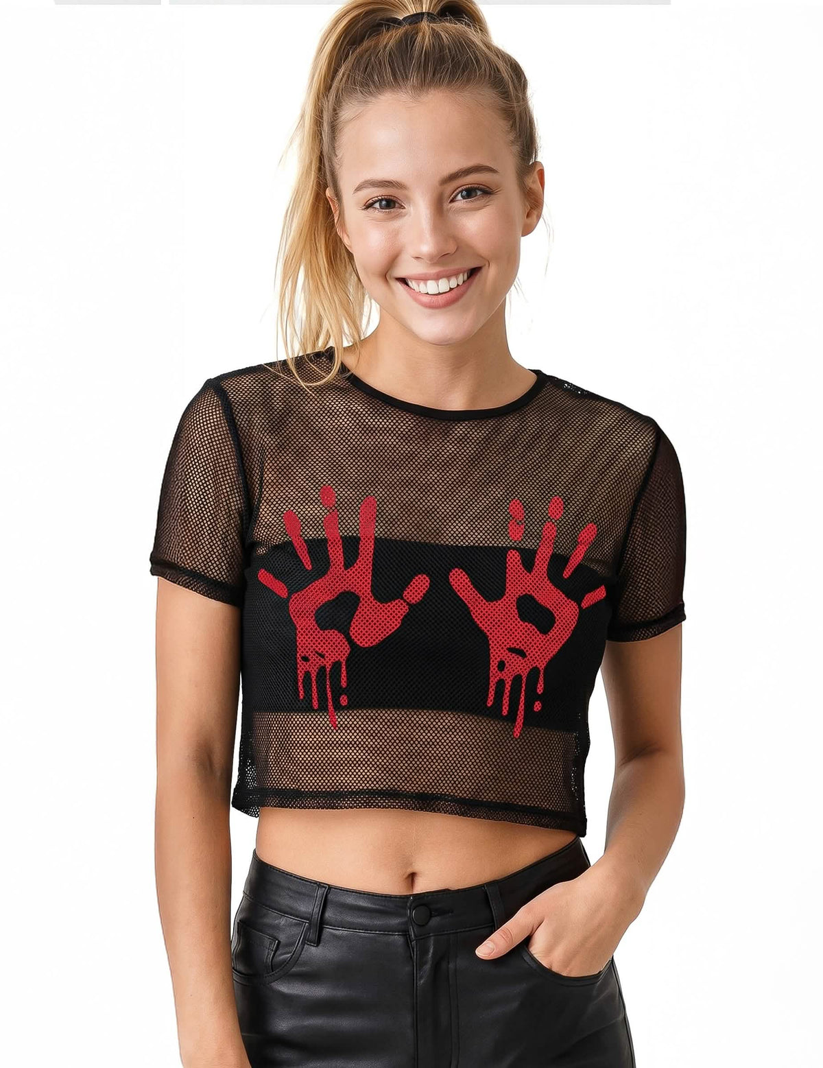 Felnőtt fekete hálós crop top véres kézmintával
