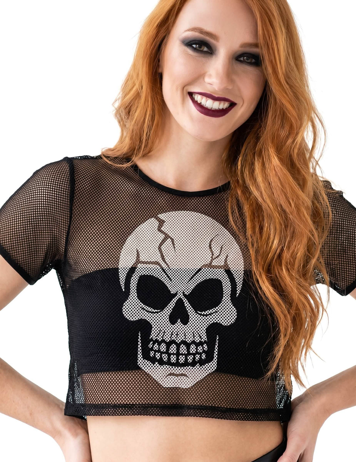 Felnőtt fekete hálós crop top koponyával