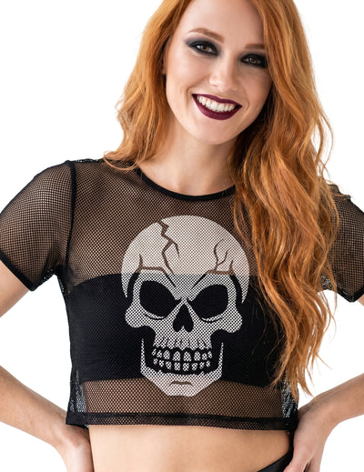 Felnőtt fekete hálós crop top koponyával