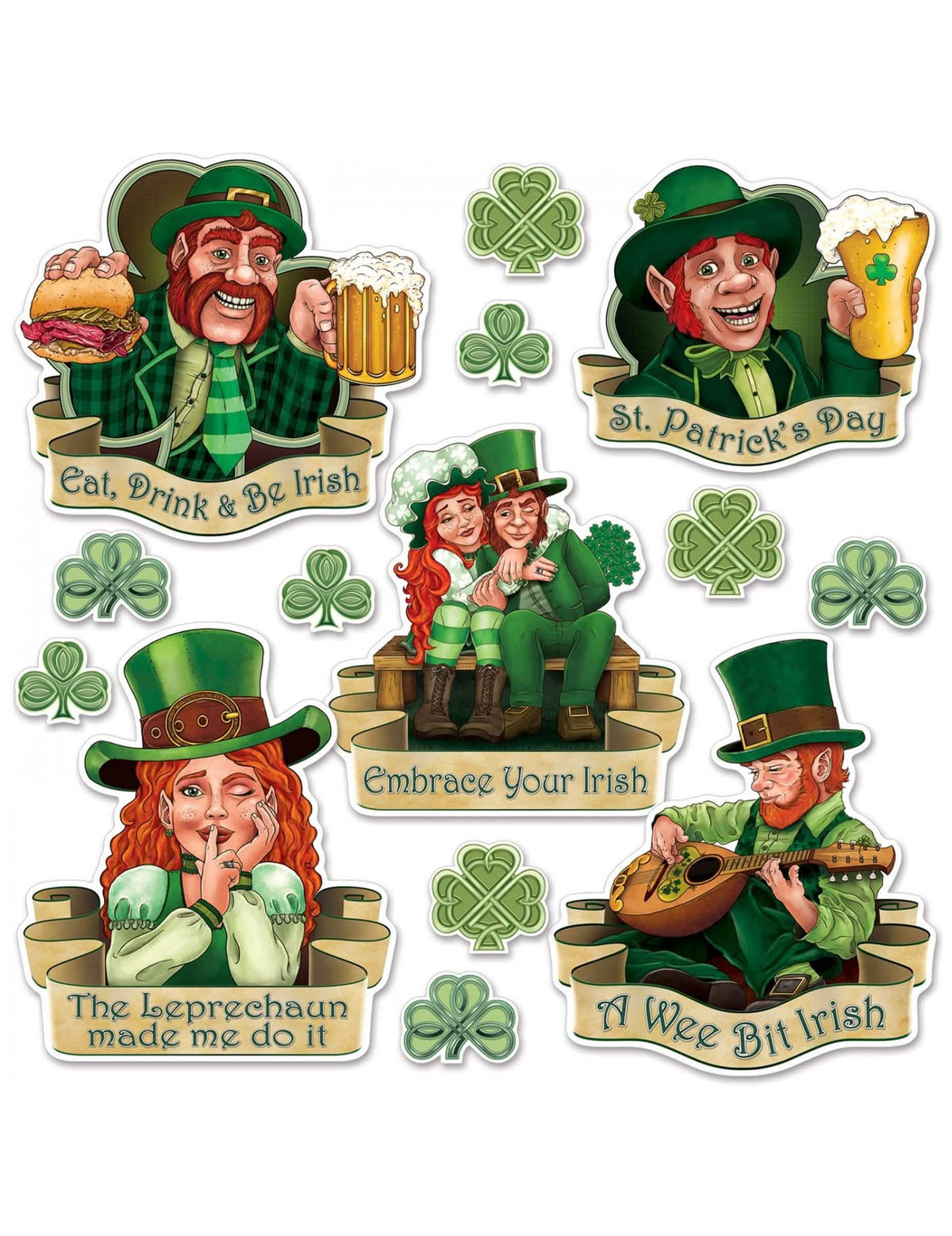 Karton kivágások szent patrik napja dekorációhoz, zöld, leprechaun-illusztrációkkal