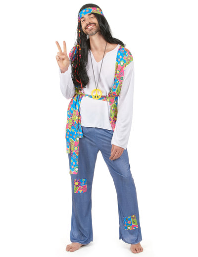 Déguisement hippie effet jean pour homme multicolore avec bandeau et médaillon peace and love