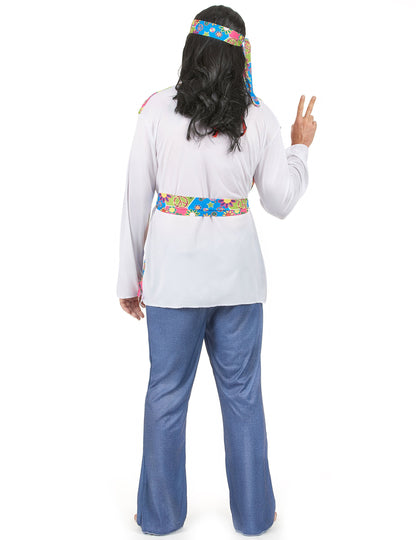 Hátulról nézet a farmer hatású hippie jelmezről