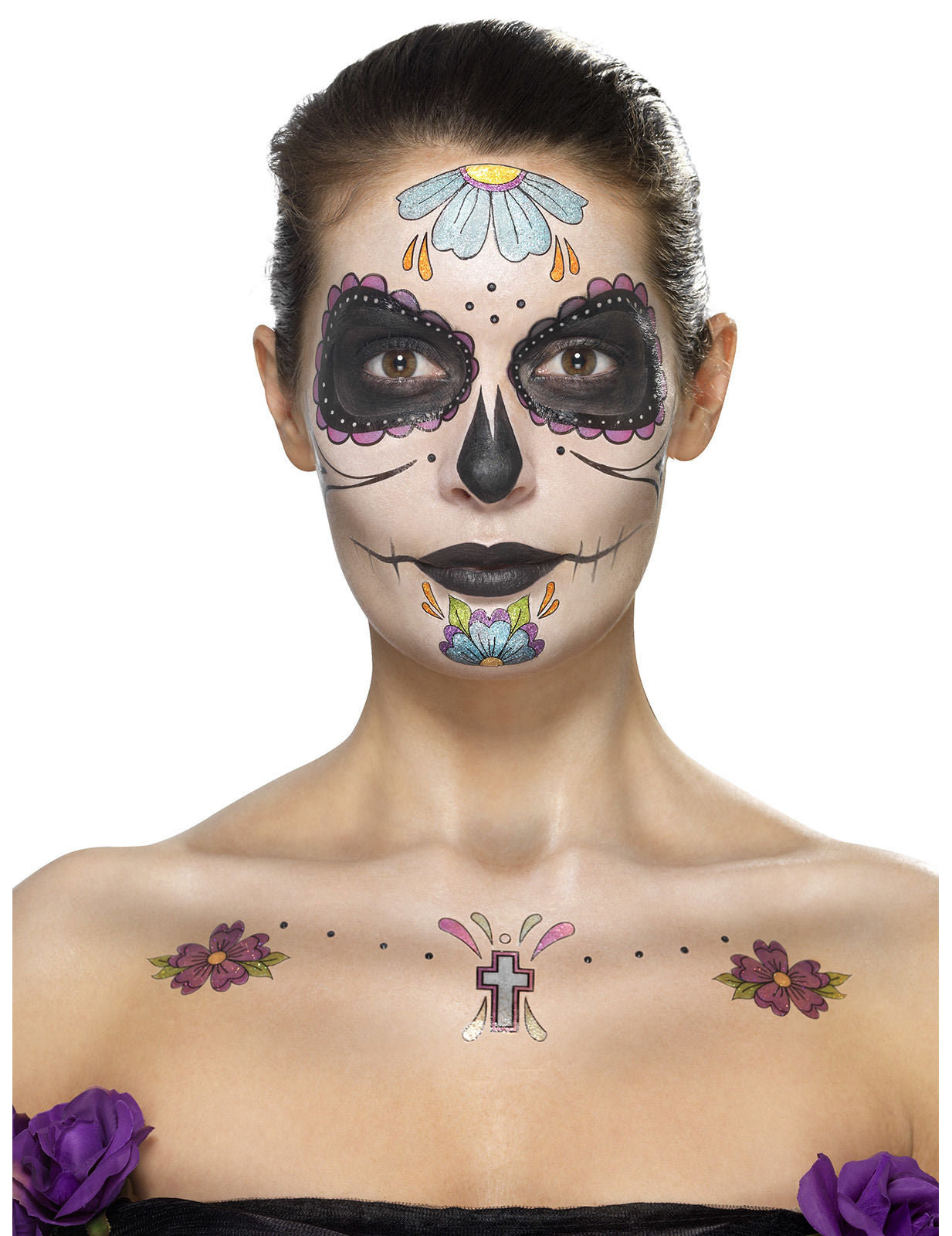 Vue d'ensemble du contenu du kit maquillage Dia de los muertos pour femme fleurs bleues