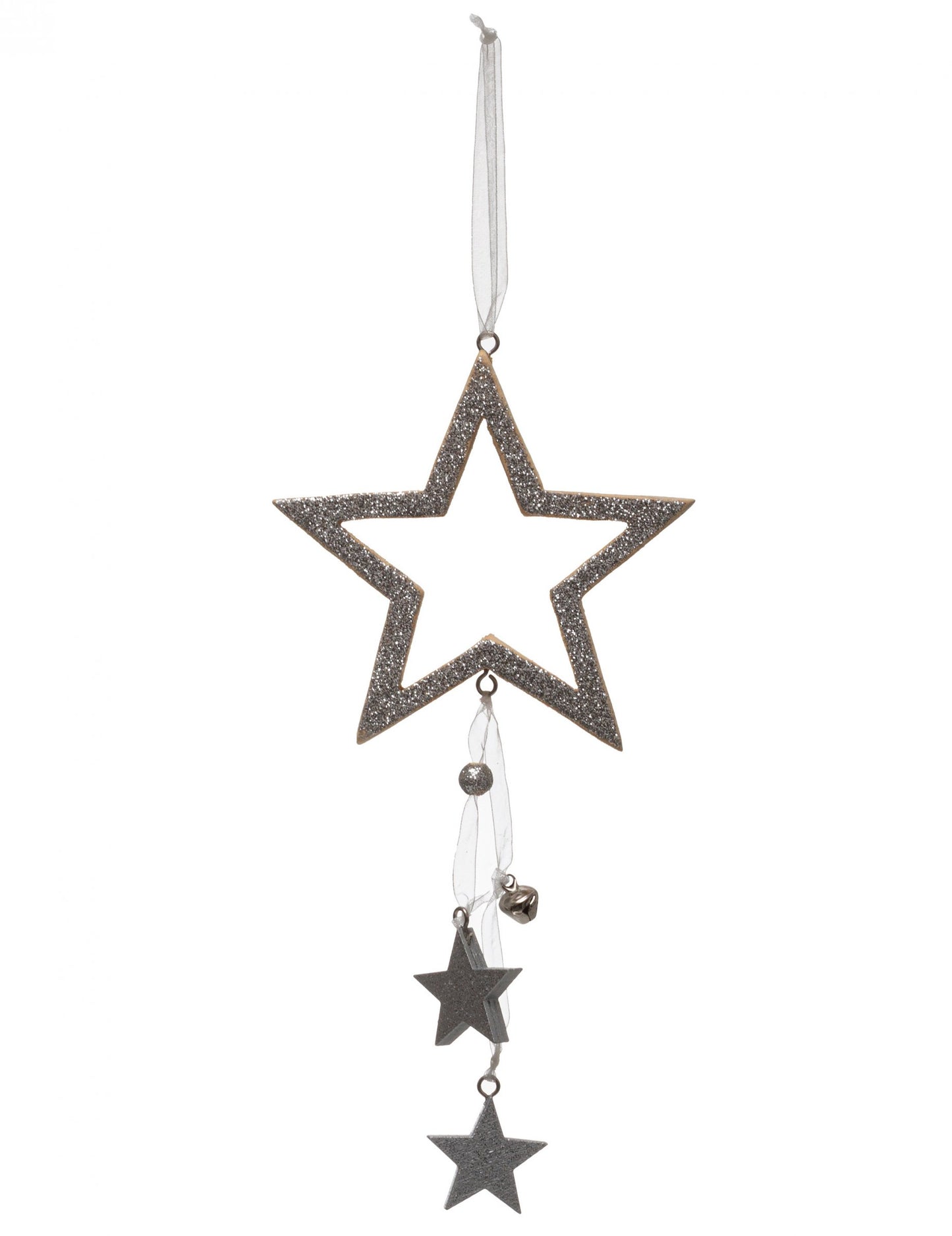 Ezüst csillag függő dekoráció 24 cm csillámokkal és harangokkal