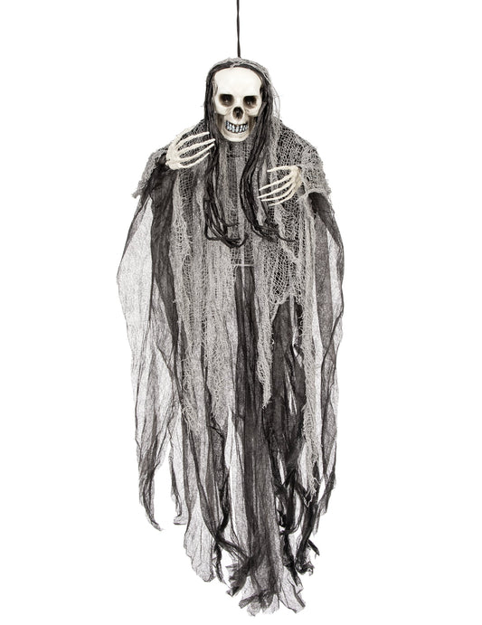 Décoration à suspendre faucheuse Halloween noir et gris avec longs voiles et cheveux