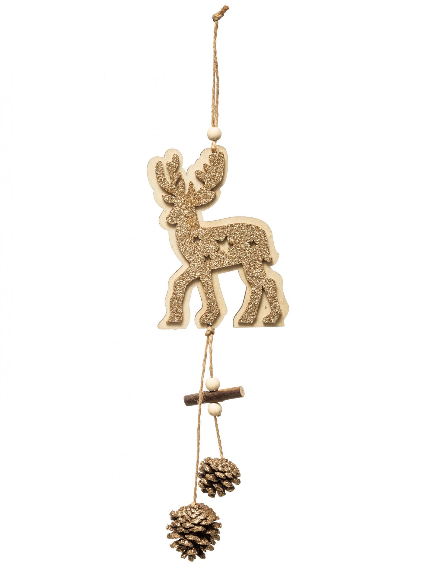 Függő dekoráció: fából és fenyőtobozokból készült arany rénszarvas, 35 cm