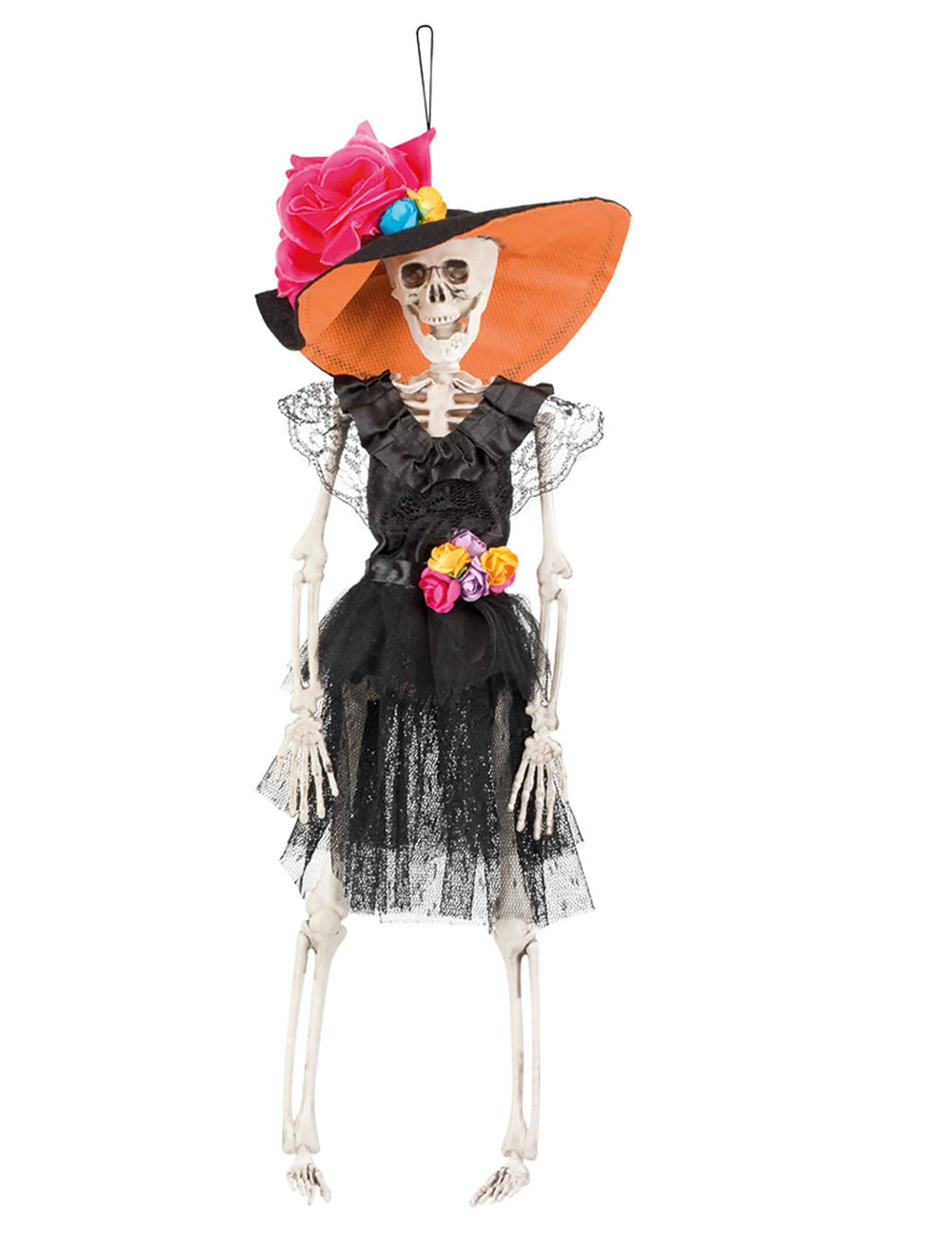 Függő dekoráció mexikói menyasszony Dia de los muertos fekete narancssárga kalappal és színes virágokkal
