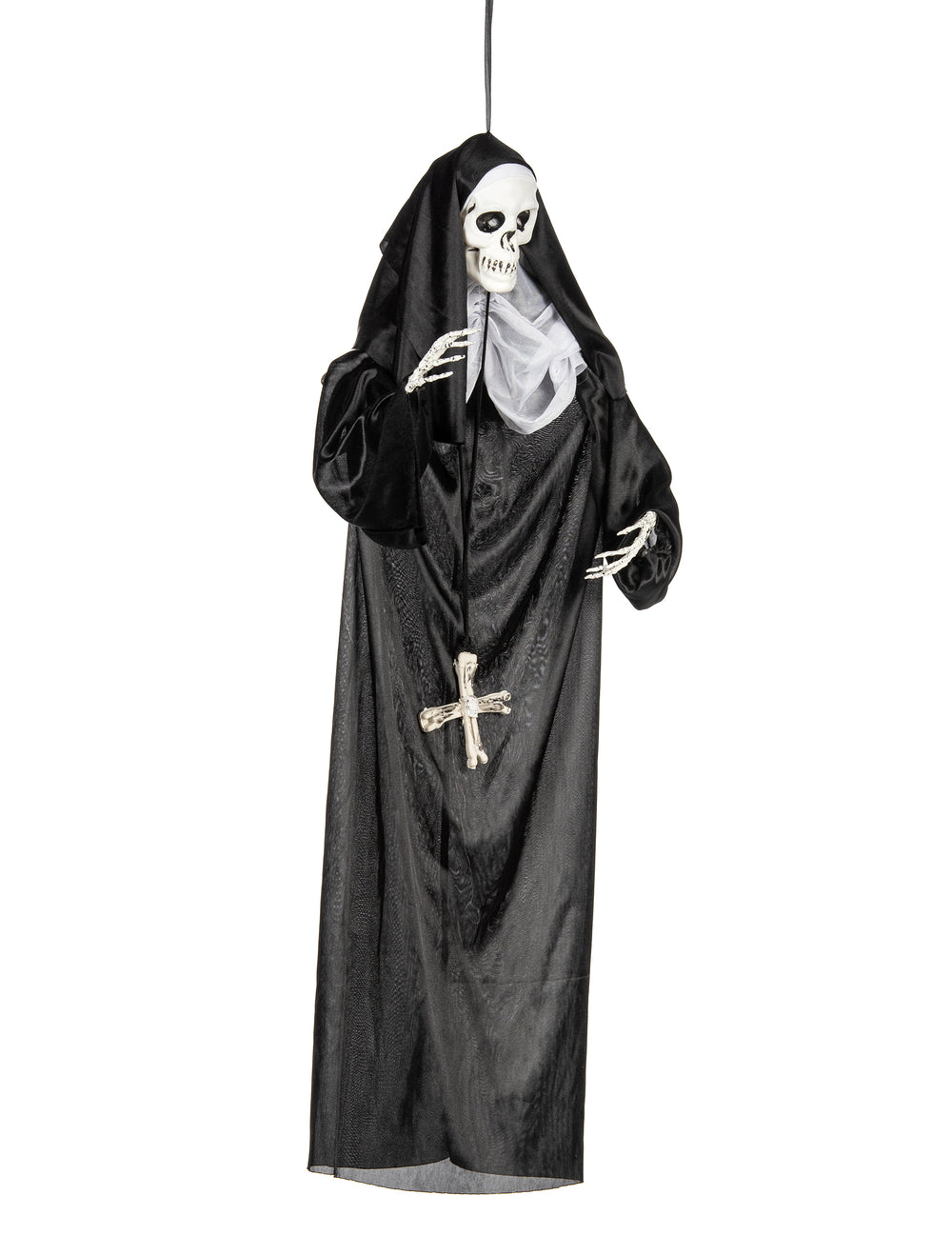Décoration à suspendre nonne pour Halloween noire avec tête de squelette et croix d'os