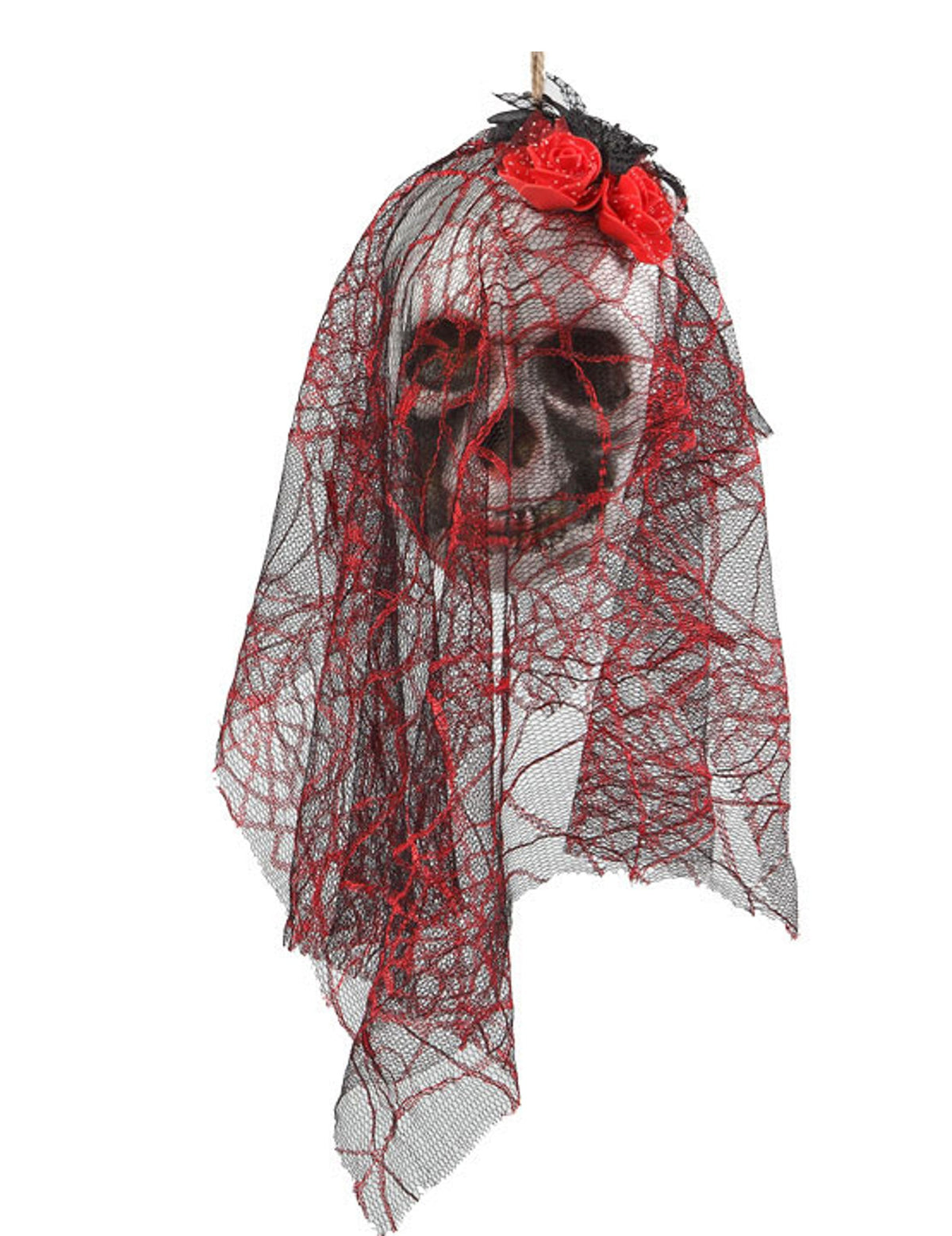 Décoration à suspendre tête de mort mariée noir et rouge avec voile et roses