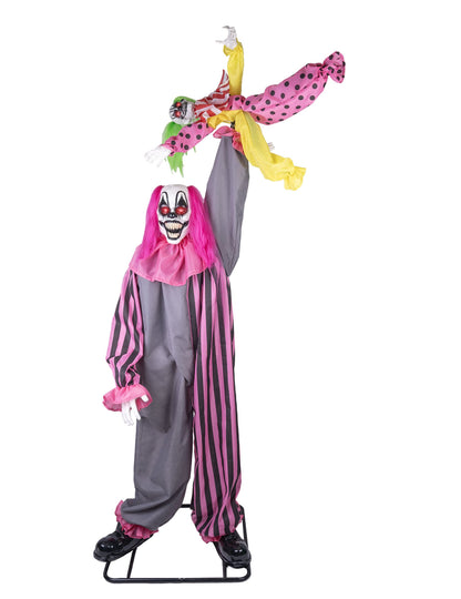Animált és hangdekoráció félelmetes bohóc, amely 210 cm -es lányt tart