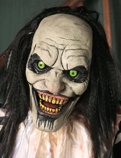 Animált dekoráció félelmetes bohóc lógó gyermekkel mozgással és lámpákkal 2,15 m