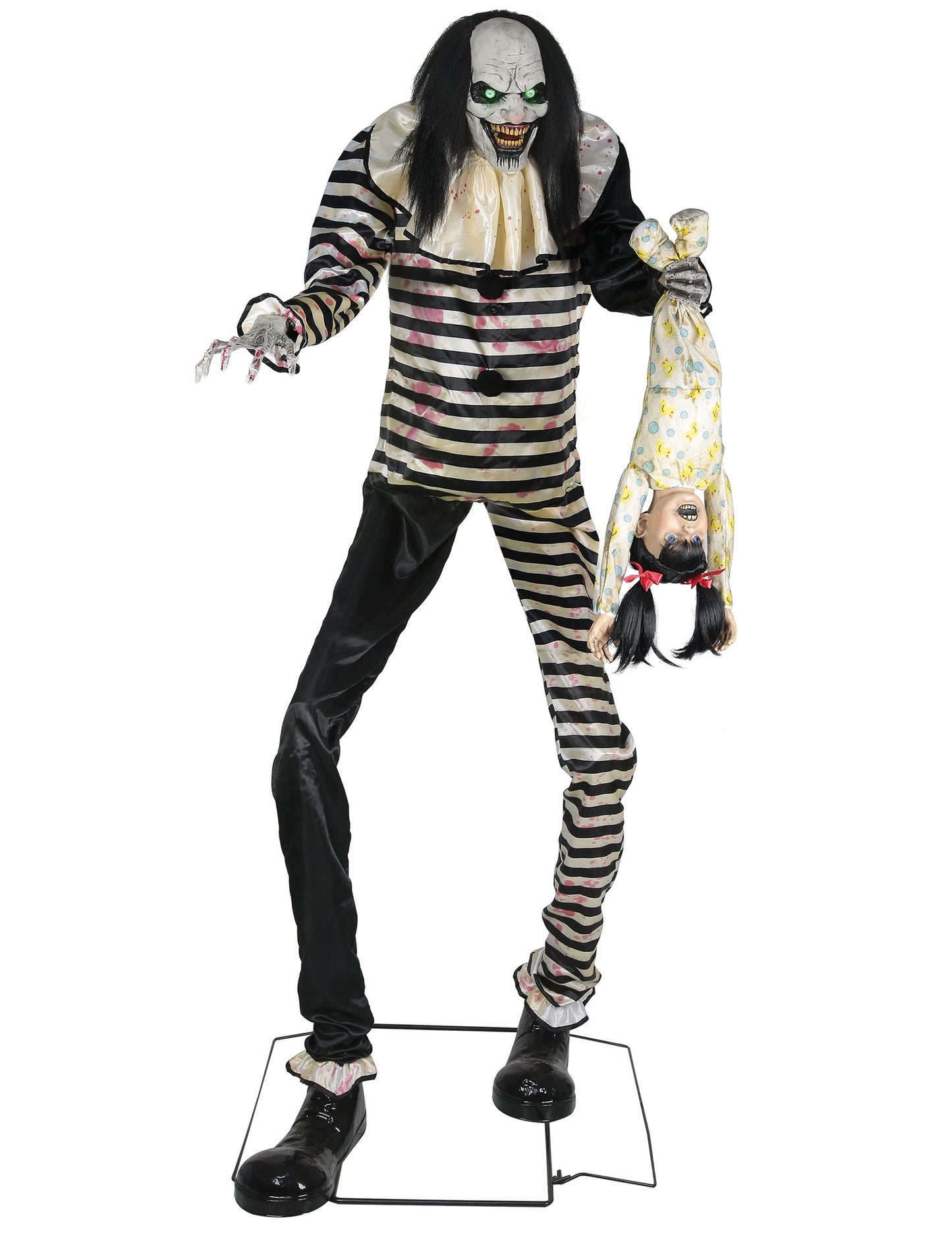 Animált dekoráció félelmetes bohóc lógó gyermekkel mozgással és lámpákkal 2,15 m