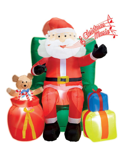 Animált, felfújható karácsonyi dekoráció – ülő Mikulás ajándékokkal 122 cm 