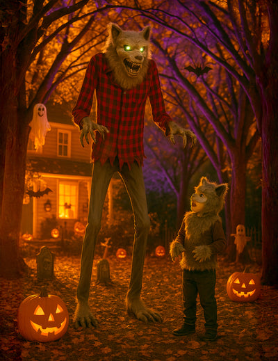 Décoration animée homme-loup enragé pour Halloween avec chemise à carreaux rouge et yeux lumineux